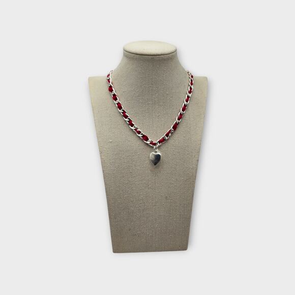 Charter Club Red Ribbon Chain Heart Pendant Necklace NWT Silver Tone - Picture 8 of 8